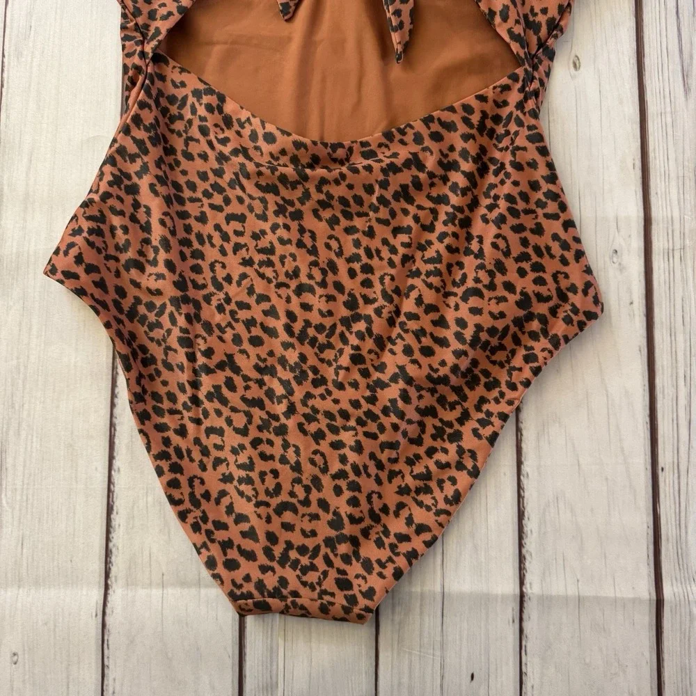 Aerie Leopard Tie Back One Piece Swimsuit Medium Animal Print Full Coverage - Picture 8 of 11